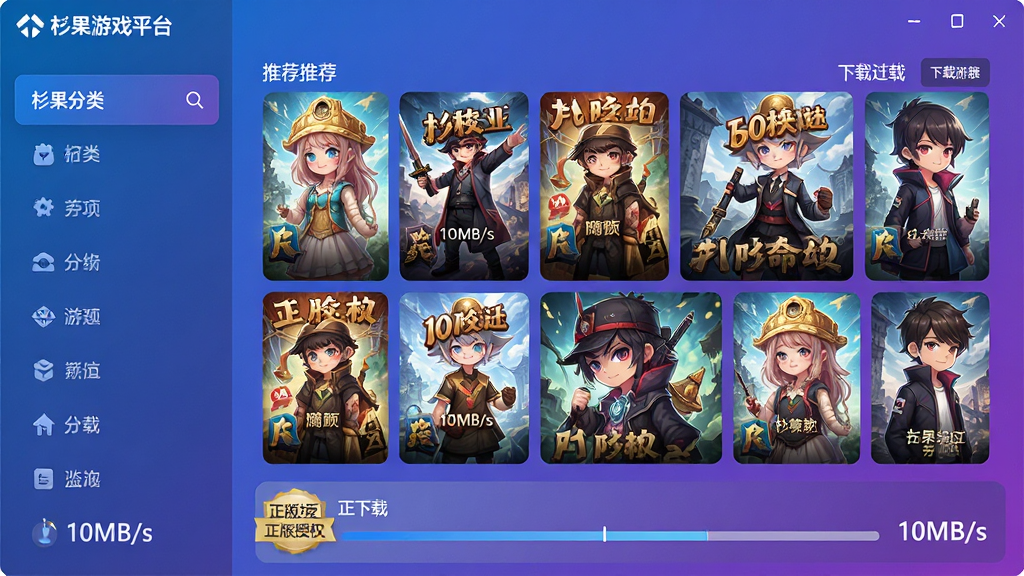 主体:杉果游戏平台界面展示,包含游戏封面墙与下载进度条;布局:左侧为游戏分类列表,右侧为推荐游戏大图,底部为正在下载的任务栏;排版:简洁清晰,信息层级分明;风格:现代科技感,蓝紫色渐变主色调;细节:游戏封面清晰,下载速度显示“10MB/s”,界面有“正版授权”标识;画质:高清渲染,干净无多余元素