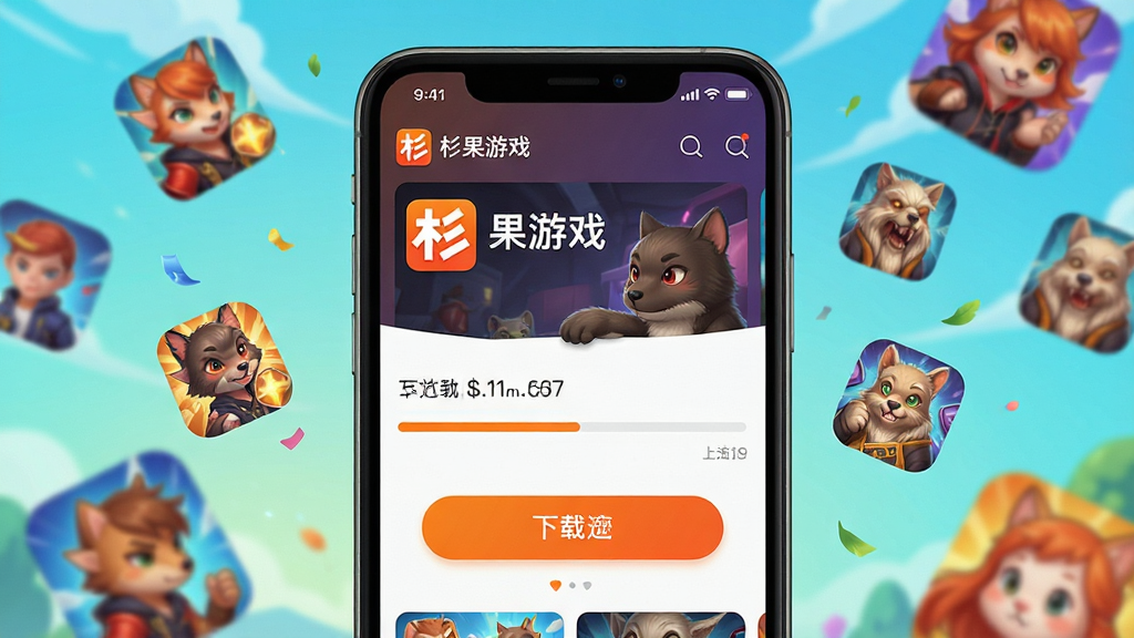 主体:杉果游戏平台手机端使用场景,用户正在点击下载按钮;布局:手机屏幕占据画面中心,周围有游戏图标漂浮;排版:突出操作界面,下载进度条可见;风格:写实与插画结合,色彩活泼;细节:手机屏幕显示“杉果游戏”主界面,下载按钮为橙色;画质:高清,干净无多余元素