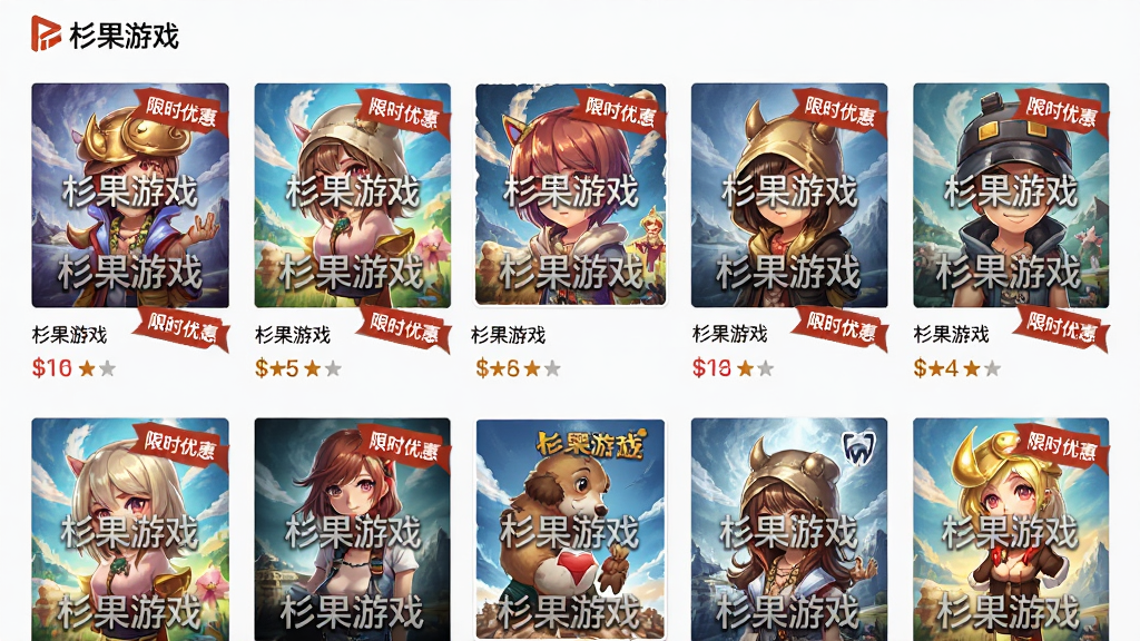 主体:杉果游戏平台游戏库页面,展示多款热门游戏封面;布局:网格状排列,每款游戏下方显示价格与评分;排版:整齐有序,突出封面与折扣标签;风格:清新明亮,色彩丰富;细节:游戏封面包含“杉果游戏”水印,价格旁有“限时优惠”红色标签;画质:高清,干净无多余元素