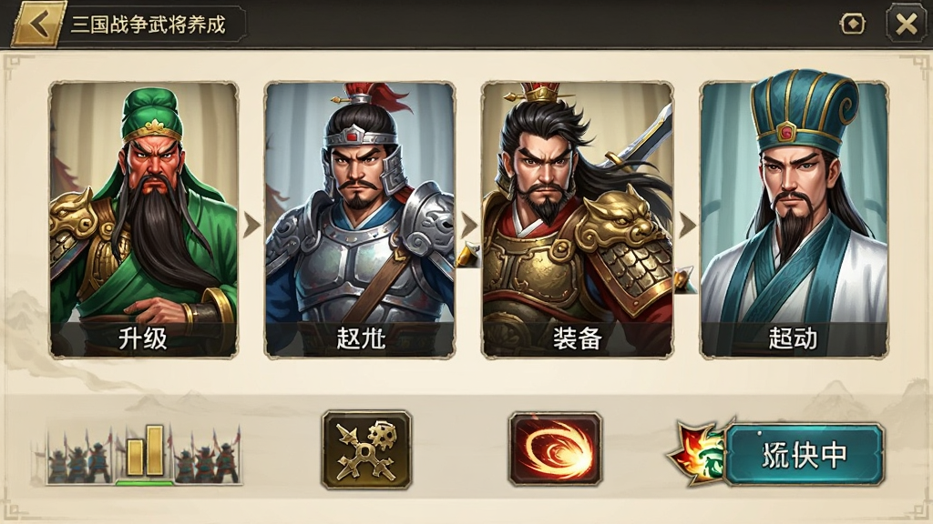 三国战争武将养成界面,展示多名三国名将立绘,如关羽、赵云、诸葛亮,界面布局清晰,包含升级、装备、技能按钮,风格精美,画质细腻,干净无多余元素