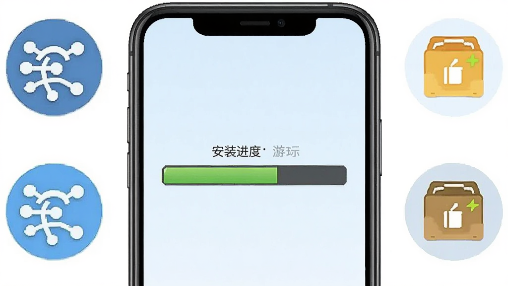 三国战争游戏安装教程示意图,手机屏幕显示安装进度条,周围有网络图标和存储空间图标,风格简洁,画质清晰,干净无多余元素