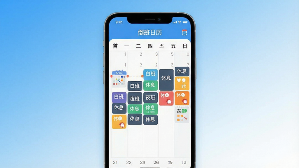 一张现代扁平化风格的智能手机界面展示图,屏幕内显示“倒班日历”App的月视图排班界面,彩色班次色块标注白班、夜班、休息,背景为清爽的蓝白渐变,整体布局居中,画质干净,无多余元素
