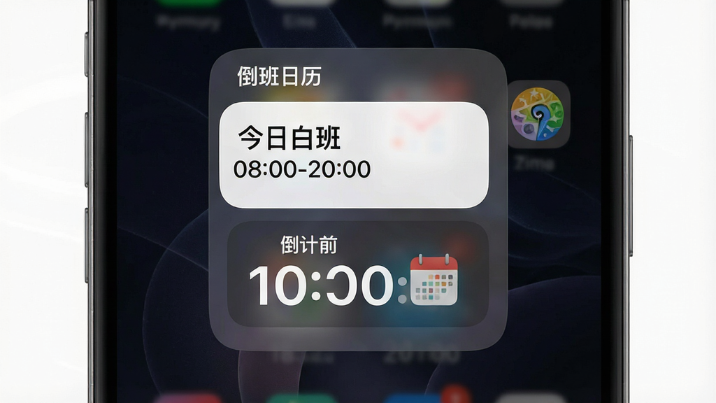 一张手机桌面截图,桌面中央放置“倒班日历”的2x2小组件,显示“今日白班 08:00-20:00”和倒计时,旁边有日历图标,背景为深色壁纸,布局简洁,画质精细,无多余元素
