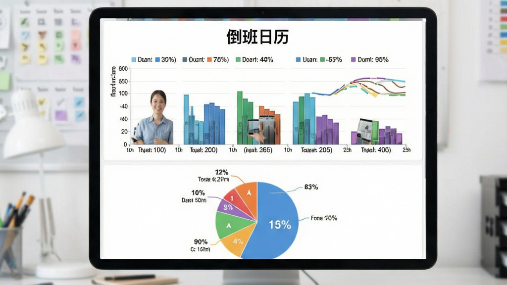 一张数据统计图表风格图片,上方为“倒班日历”的统计页面,包含彩色柱状图展示白班、夜班、休息天数,下方有百分比饼图,背景为白色,布局清晰,画质干净,无多余元素