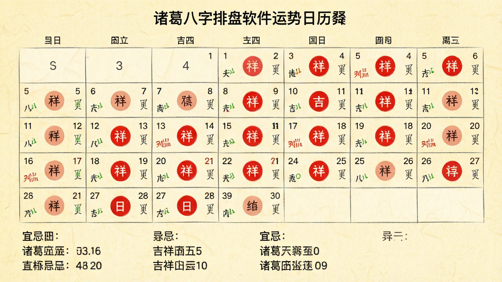诸葛八字排盘软件运势日历界面,以月历形式展示每日吉凶标记,吉祥日子用红色圆圈标注,页面底部有宜忌列表,背景为淡黄色纸纹质感,布局清晰,风格简洁,画质干净,无多余元素