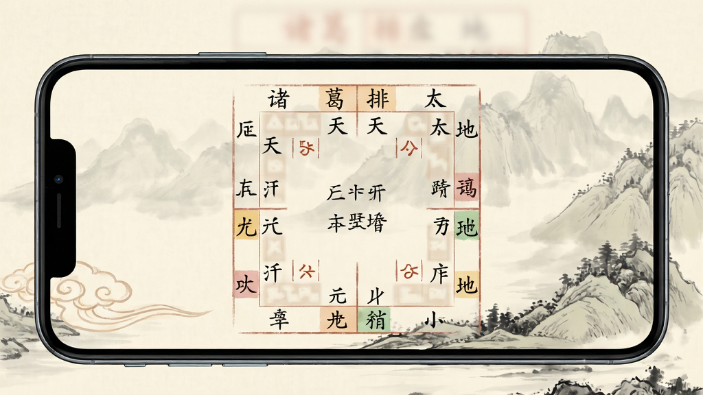 诸葛八字排盘应用主界面展示,手机屏幕中央显示清晰的八字排盘结果,包含天干地支、五行颜色标识,背景为淡雅的古典水墨山水画风格,界面布局简洁,字体端正,整体色调以米白和朱红为主,画质细腻,干净无多余元素