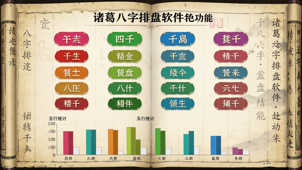 诸葛八字排盘软件特色功能页面,展示精准的八字排盘结果图表,四柱干支以彩色标签呈现,下方配以五行统计柱状图,背景为古籍书页风格,排版整齐,细节丰富,画质清晰,干净无多余元素