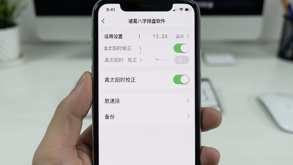 诸葛八字排盘软件使用教程场景,手机屏幕显示详细的设置页面,包含真太阳时校正开关、备份选项,背景为简洁的桌面环境,光线柔和,画质清晰,干净无多余元素