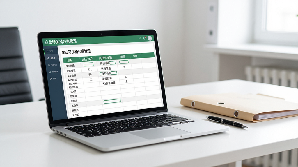 办公桌上摆放着一台笔记本电脑,屏幕中显示企业环保通台账管理界面,表格中列出日期、运行情况、药剂添加量等字段,旁边放有文件夹和笔,整体环境明亮整洁,风格写实,画质清晰,干净无多余元素