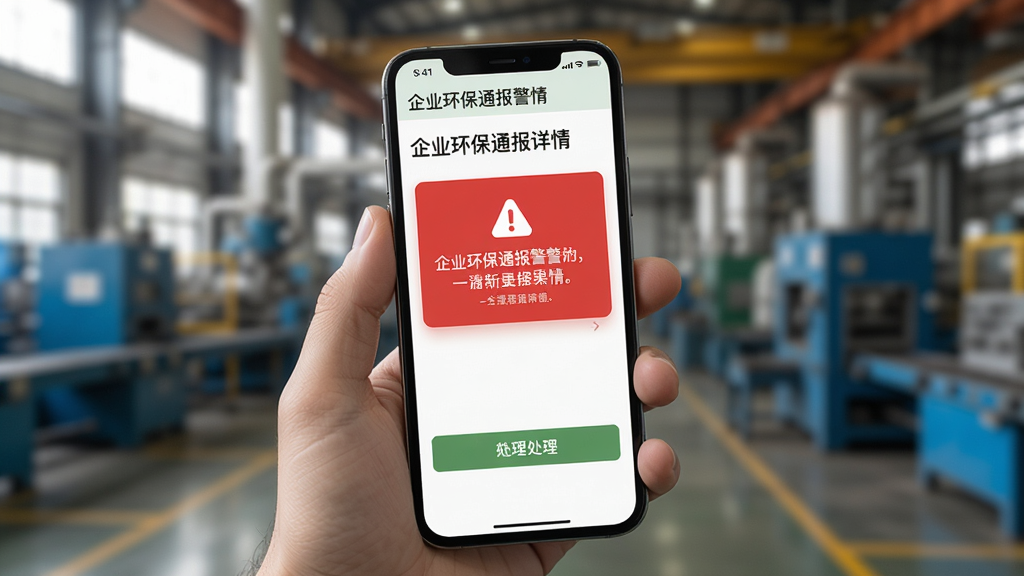 一部智能手机握在用户手中,屏幕显示企业环保通报警详情页面,红色报警卡片醒目,下方有处理按钮,背景为模糊的工厂环境,光线自然,画面写实,干净无多余元素