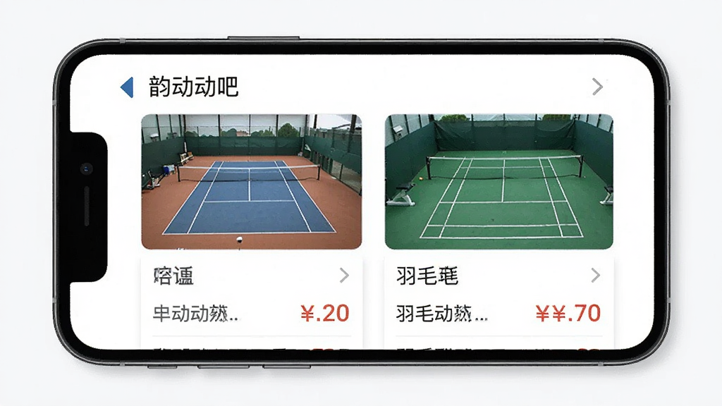 一张手机屏幕展示韵动吧APP界面的高清图片,主体是简洁的场馆列表页面,包含网球场和羽毛球场的实景缩略图与价格信息,布局清晰,排版整洁,采用扁平化设计风格,细节丰富,画质高清,干净无多余元素。