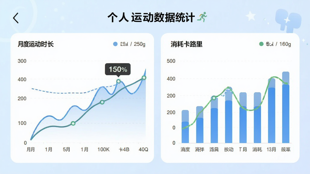 韵动吧APP个人运动数据统计页面,主体是折线图与柱状图,展示月度运动时长和消耗卡路里趋势,背景为淡蓝色渐变,布局清晰,排版专业,数据可视化风格,细节丰富,画质高清,干净无多余元素。