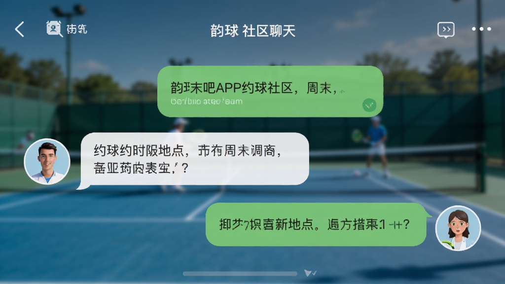 韵动吧APP约球社区聊天界面,主体是两个网球爱好者的对话气泡,讨论周末约球时间和地点,背景是运动场馆的模糊处理图片,布局舒适,排版清晰,社交APP风格,细节丰富,画质高清,干净无多余元素。