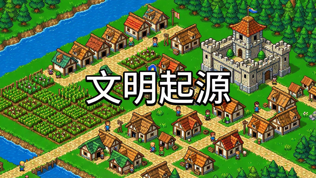 一张《文明起源》游戏内城市建设的详细截图,展示玩家精心布局的繁荣城市,有整齐的农田、成片的房屋、雄伟的城堡和忙碌的居民,远处是河流与森林。画面采用俯视视角,像素风格细腻,建筑排列错落有致,色彩明亮,画质干净,无多余元素。图片中央位置显示“文明起源”四个字。