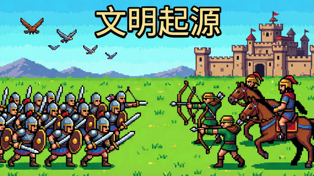 一张《文明起源》游戏战斗场景的截图,画面中两支军队在一片开阔的平原上对峙,一方是持剑的步兵,另一方是弓箭手和骑兵,天空中有飞鸟飞过,远处是敌人的城堡。像素画风格,动态感强,色彩对比鲜明,画质干净,无多余元素。图片上方中央有“文明起源”四个字。