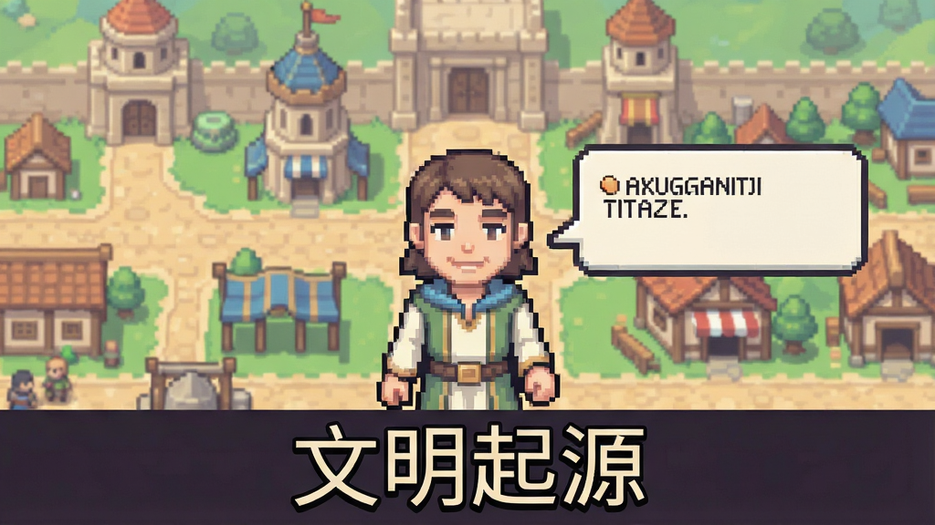 一张《文明起源》游戏新手引导界面的截图,画面中央有一个友好的向导NPC,旁边有气泡提示框,背景是游戏主城。像素风格,颜色柔和,布局清晰,画质干净,无多余元素。图片下方有“文明起源”四个字。