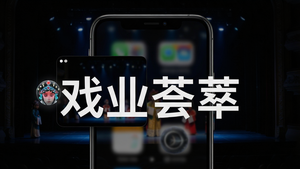 一张展示戏曲荟萃应用在手机后台运行的示意图片,手机屏幕边缘有应用的小窗播放悬浮球,背景是深色的戏曲舞台光影,整体风格现代感强,布局直观,画质干净,无多余元素。