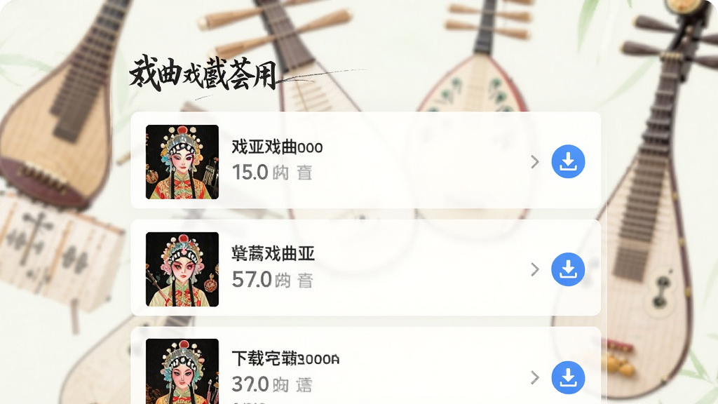一张表现戏曲荟萃应用下载管理页面的图片,界面显示几个已完成下载的戏曲曲目列表,每个文件旁有蓝色的下载完成标志,背景是模糊的乐器图案,整体风格清新自然,布局简单明了,画质细腻,无多余元素。