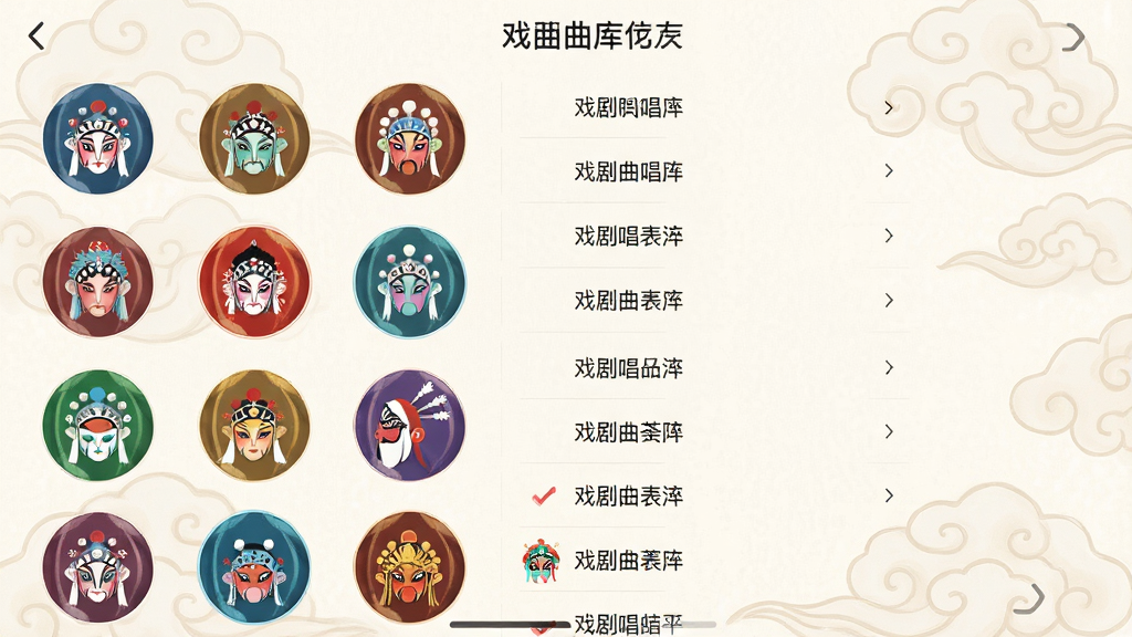 一张展现戏曲荟萃应用内曲库列表的界面截图,左侧是各种剧种的彩色圆形图标,右侧是排列整齐的唱段名称列表,背景为淡雅的祥云纹样,整体布局规整清晰,风格素雅,细节丰富,画质干净高清,无多余元素。