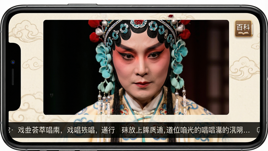 一张展示戏曲荟萃应用播放界面的图片,屏幕中间是戏曲演员的特写剧照,下方是滚动的唱词字幕,字迹清晰,右上角有一个“百科”小图标,整体风格典雅庄重,布局舒适,画质高清,无多余元素。