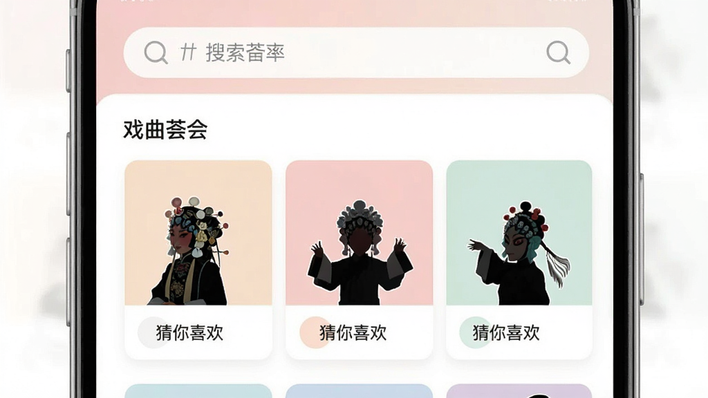 一张展示戏曲荟萃应用首页推荐栏目的手机图片,界面上方是搜索框,下方是带有戏曲人物剪影的推荐卡片,卡片上标注着“猜你喜欢”字样,整体风格简约现代,色彩柔和,布局合理,画质清晰干净,无多余元素。