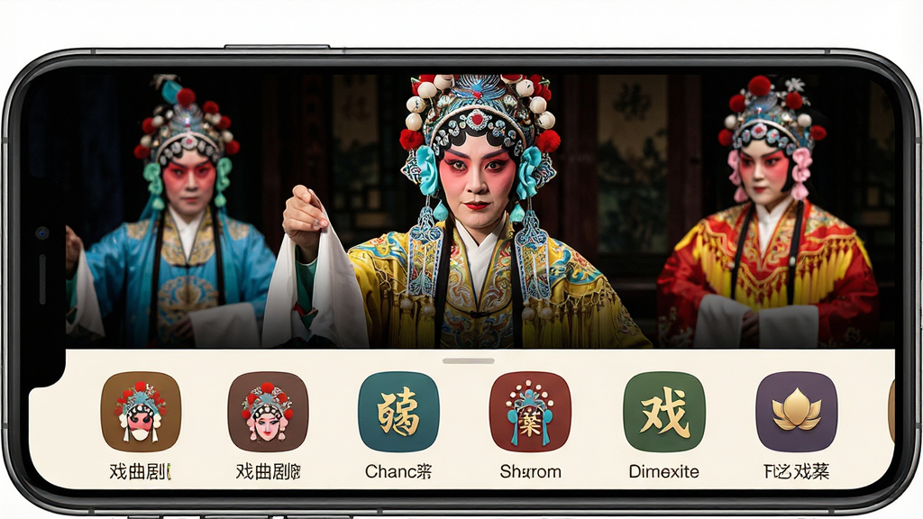 一张展示智能手机屏幕的图片,屏幕中正播放着戏曲荟萃应用的界面,界面上有身穿华丽戏服的京剧演员剧照作为背景,下方列有多个戏曲剧种分类图标,整体布局清晰简洁,风格古朴典雅,细节精致,画质高清干净,无多余元素。
