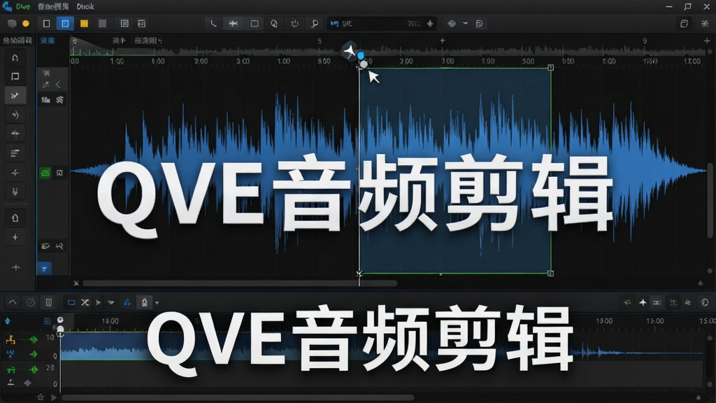 一张展示QVE音频剪辑波形编辑界面的图片,中央是蓝色波形图,带有光标定位和选区高亮,下方时间轴清晰,背景为深色工作区,整体风格专业,细节丰富,画质干净,无多余元素,图片上标注“QVE音频剪辑”软件名称。