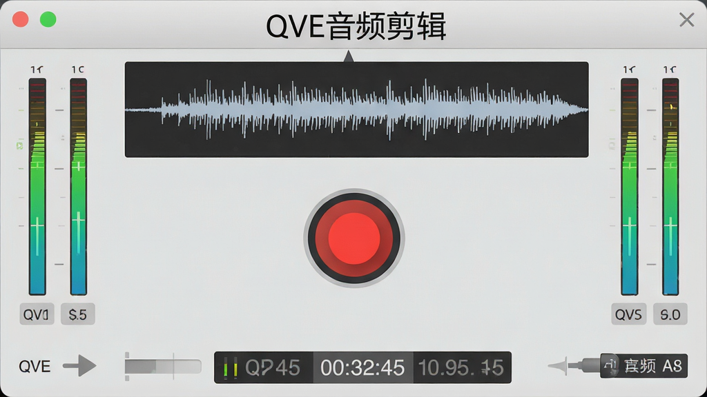 一张展示QVE音频剪辑录音界面的图片,界面中央有红色录音按钮,波形实时跳动,周围有音量表和时间码,背景为浅灰色,风格简洁实用,画质干净,无多余元素,标注“QVE音频剪辑”名称。