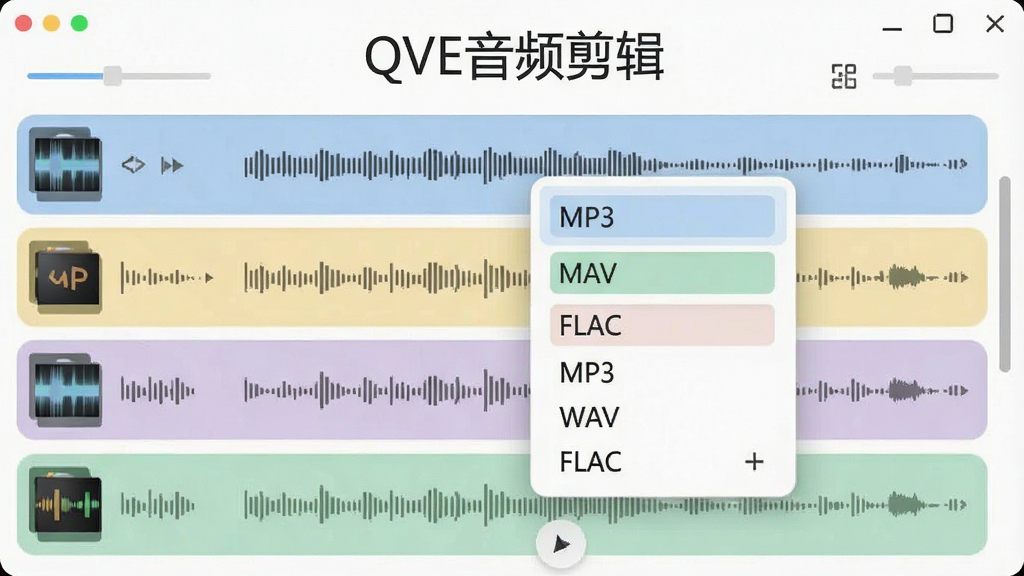 一张QVE音频剪辑格式转换功能示意图,界面显示多个音频文件列表,并弹出格式选择菜单,包含MP3、WAV、FLAC等选项,整体风格扁平化,色彩柔和,画质清晰,无多余元素,带有“QVE音频剪辑”字样。