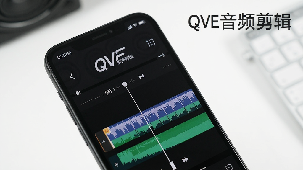 一张QVE音频剪辑在手机上的使用截图,手机屏幕显示编辑界面,周围有简洁的背景,整体风格明亮,细节清晰,画质干净,无多余元素,包含“QVE音频剪辑”字样。
