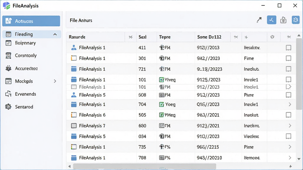 主体为FileAnalysis软件主界面,展示文件分析结果列表,界面简洁明亮,左侧为功能导航栏,右侧为详细的文件信息表格,包含文件名、大小、类型、修改日期等列,整体布局清晰,风格现代,扁平化设计,细节丰富,高画质,干净,无多余元素