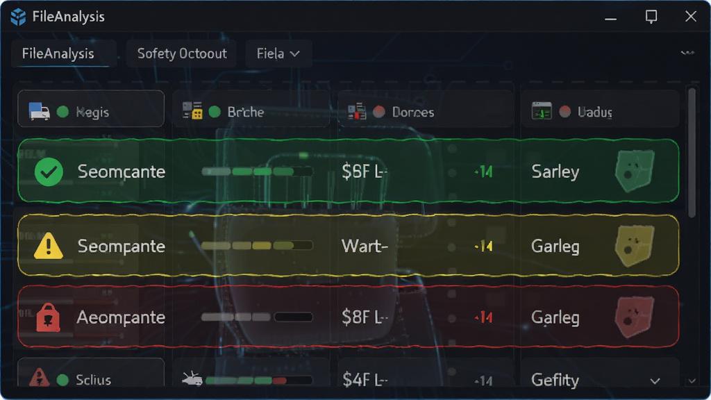 主体为FileAnalysis软件的安全检测界面,显示文件风险等级列表,带有绿色安全、黄色警告、红色危险标识,界面背景为深色,列表清晰,风格科技感,细节丰富,画质高,干净,无多余元素