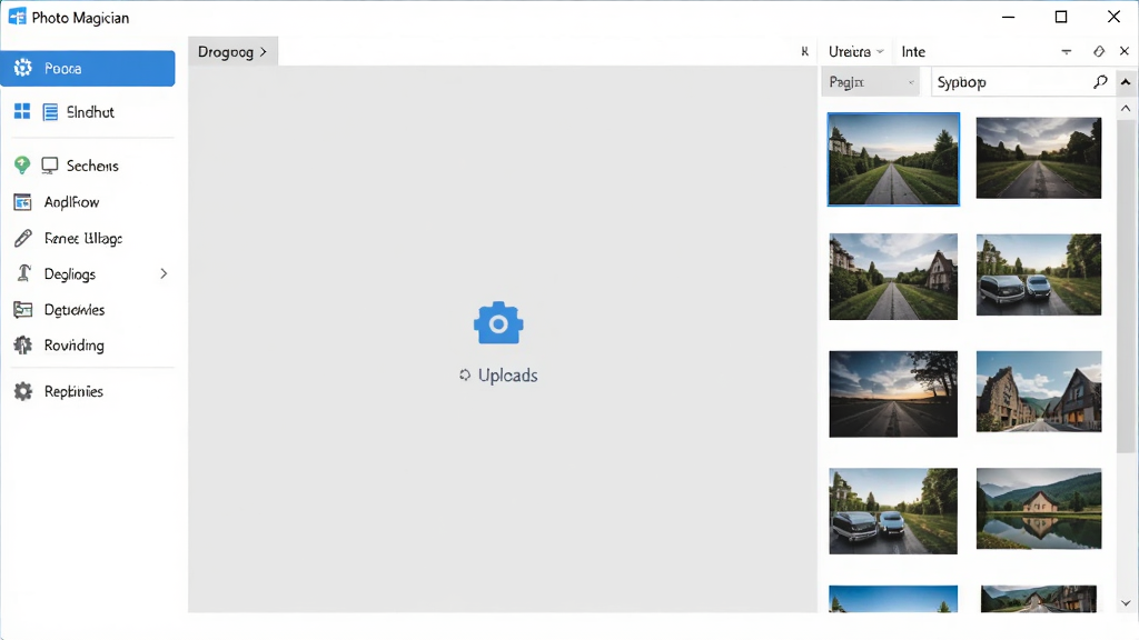Photo Magician 是一款运行在 Windows 桌面上的图片批量处理软件,界面简洁明亮,左侧是功能导航栏,右侧是图片列表预览区,中间大面积为拖拽上传区域,背景为浅灰色,整体排版清晰,风格现代,画质高清干净,无多余元素