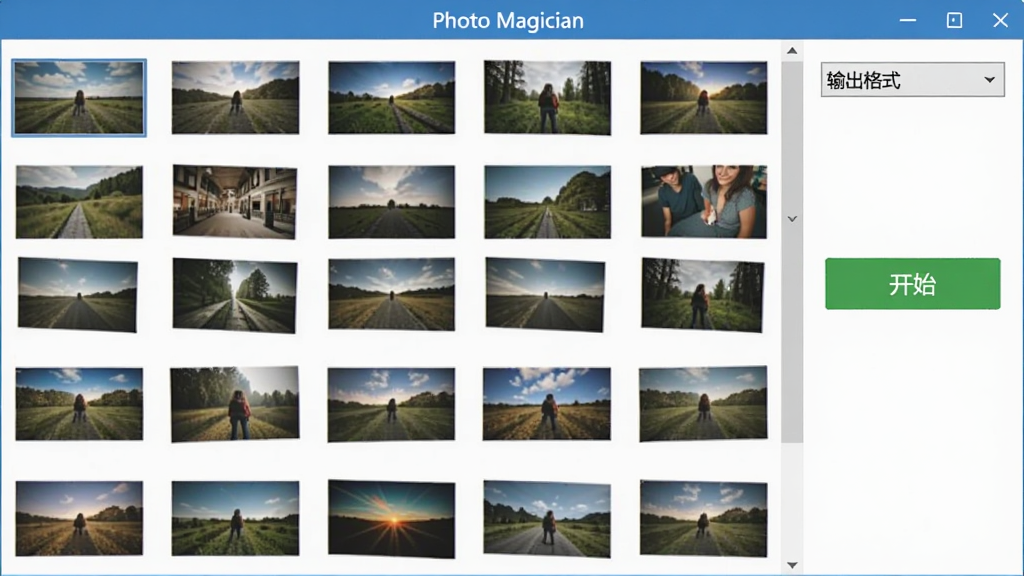 Photo Magician 批量格式转换界面,多张不同格式的图片缩略图整齐排列在网格中,右侧有输出格式选择下拉菜单,下方有绿色开始按钮,界面采用蓝白配色,扁平化设计,画质清晰,干净无多余元素