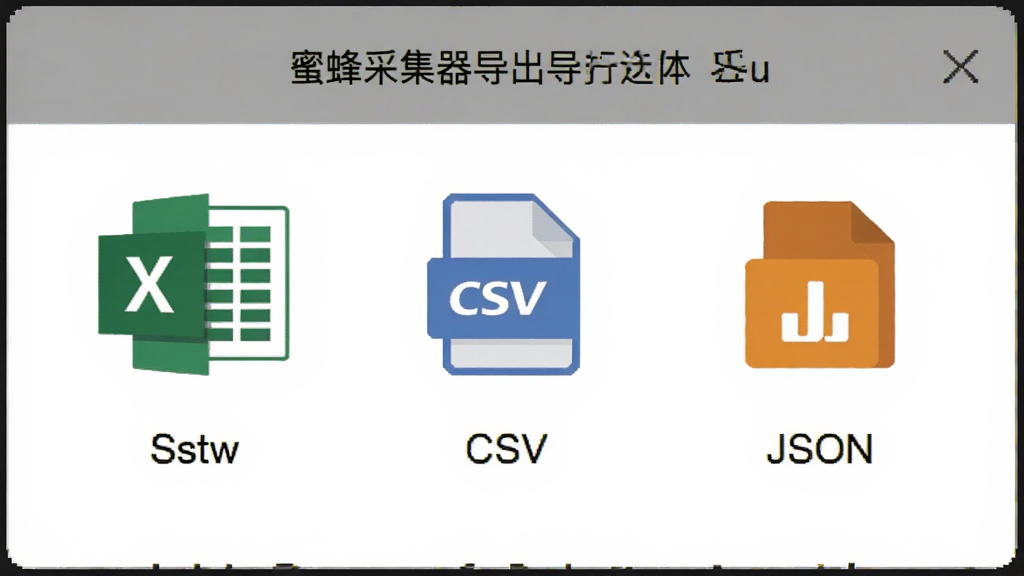 主体:蜜蜂采集器导出选项弹窗,显示多种导出格式图标。布局:弹窗居中,图标横向排列。排版:每个图标下方标注格式名称。风格:扁平化,图标色彩丰富。细节:Excel图标为绿色,CSV为蓝色,JSON为橙色。画质:干净,无多余元素。