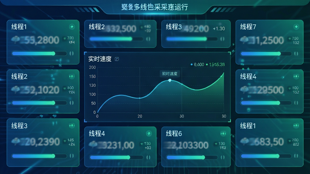 主体:蜜蜂采集器多线程采集运行界面,多个进度条同时快速推进,数据统计数字不断跳动。布局:中央为实时速度曲线图,四周为各线程状态卡片。排版:卡片式布局,信息直观。风格:动态科技感,蓝绿渐变色调。细节:显示“线程1”“线程2”等标签,速度数字虚化处理。画质:清晰,动感,无多余元素。