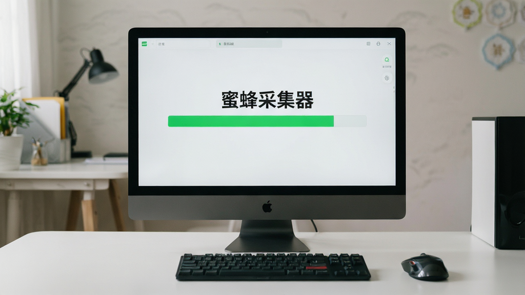 主体:蜜蜂采集器在电脑上运行的实拍图,屏幕显示采集任务进度条,桌面整洁。布局:电脑屏幕居中,周围有鼠标键盘。排版:画面清晰,屏幕内容可辨。风格:真实摄影风格,光线柔和。细节:屏幕上有“蜜蜂采集器”字样,进度条绿色。画质:高清,无多余元素。