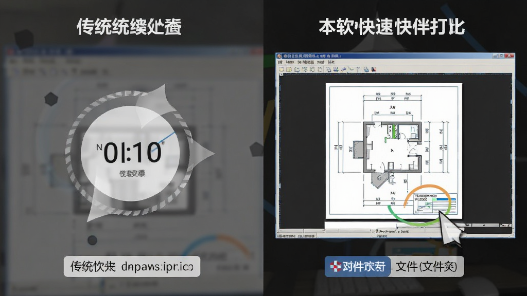 主体为CAD图纸查看器软件运行时的速度对比图,左侧是传统软件的缓慢加载动画,右侧是本软件快速打开的高清图纸,布局采用左右分栏,排版简洁,风格对比鲜明,细节包含计时器与文件大小标签,画质清晰,干净,无多余元素。