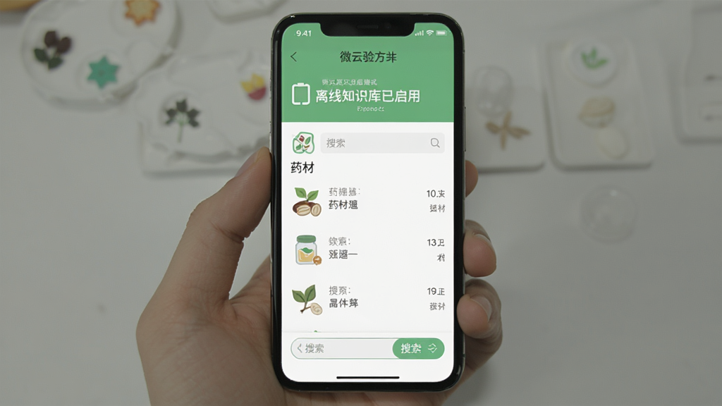 微云验方离线模式界面,手机显示“离线知识库已启用”字样,下方为药材列表和搜索框,背景为白色简洁界面,图标采用绿色与灰色搭配,风格扁平化,画质干净,无多余元素