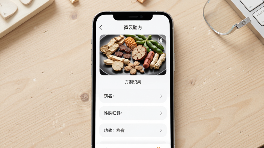 微云验方主界面展示,手机屏幕中央显示方剂识别结果页面,上方为药材高清拍摄图,下方列出药名、性味归经和功效,背景为浅色木纹桌面,界面采用卡片式布局,圆角设计,整体风格清爽专业,画质细腻,干净无多余元素