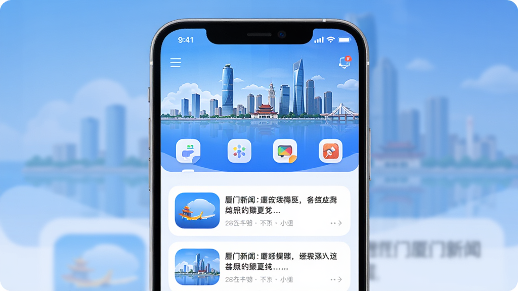 看厦门app主界面预览图,展示首页新闻资讯流,顶部为厦门城市天际线背景,界面以蓝色和白色为主色调,布局清晰,图标圆润,整体风格现代简洁,画质高清,干净无多余元素