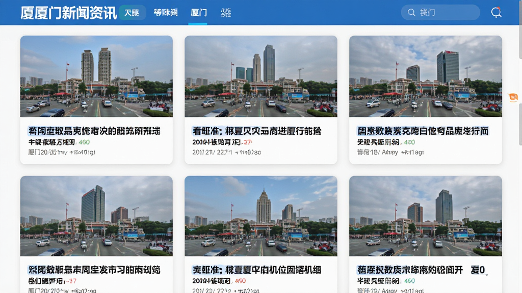 看厦门新闻资讯页面截图,展示多条新闻标题和配图,界面采用卡片式布局,图片清晰,文字醒目,色彩鲜明,体现新闻的时效性和多样性,画质高清,干净整洁