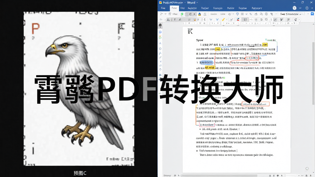 展示霄鹞PDF转换大师OCR识别效果对比图,左侧为扫描版PDF预览,右侧为转换后的Word文档编辑界面,文字清晰可编辑,页面布局为左右对比形式,背景纯白,突出软件名称“霄鹞PDF转换大师”水印,画质细腻,无多余元素