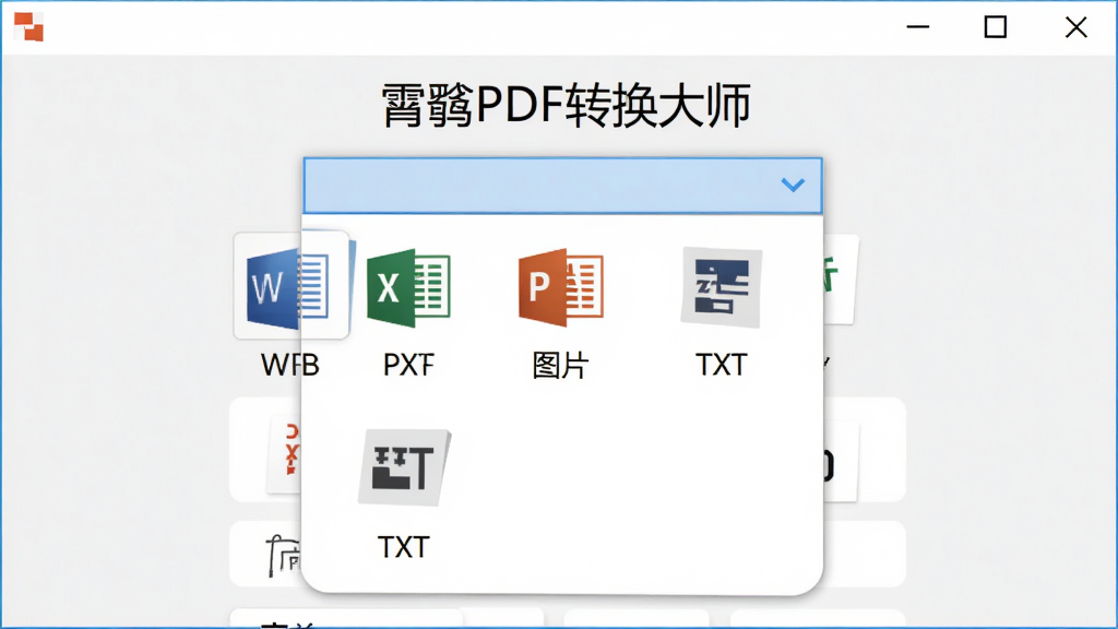 展示霄鹞PDF转换大师输出格式选择界面,下拉菜单列出Word、Excel、PPT、图片、TXT等图标,界面布局清晰,色彩明亮,软件名称“霄鹞PDF转换大师”居中显示,背景为淡灰色,画质干净,无多余装饰