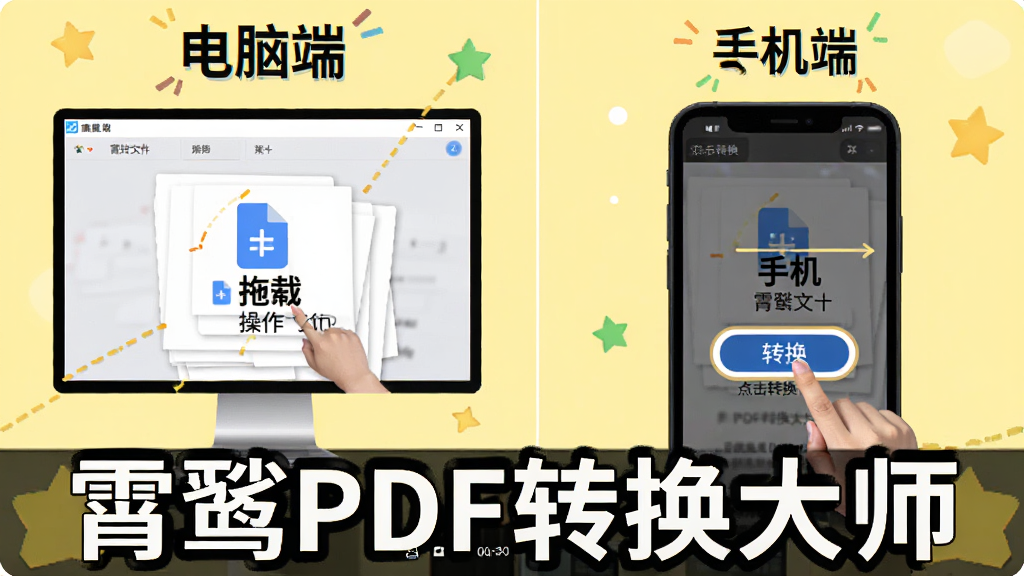 展示霄鹞PDF转换大师使用教程截图,分为电脑端和手机端两栏,电脑端显示拖拽文件操作,手机端显示点击转换按钮,背景为浅黄色,整体风格活泼,软件名称“霄鹞PDF转换大师”以文字形式标注在图片底部,画质清晰