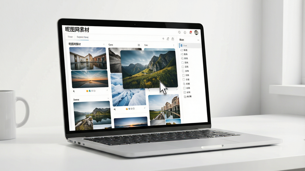 现代简约风格的工作台场景,一台开启的笔记本电脑屏幕显示“昵图网素材”软件界面,界面中展示图片瀑布流与分类侧边栏,画面整洁明亮,主体突出,布局清晰,排版疏密有致,风格为写实渲染,细节包含鼠标光标悬停在一张高清图片上,画质细腻干净,无多余元素