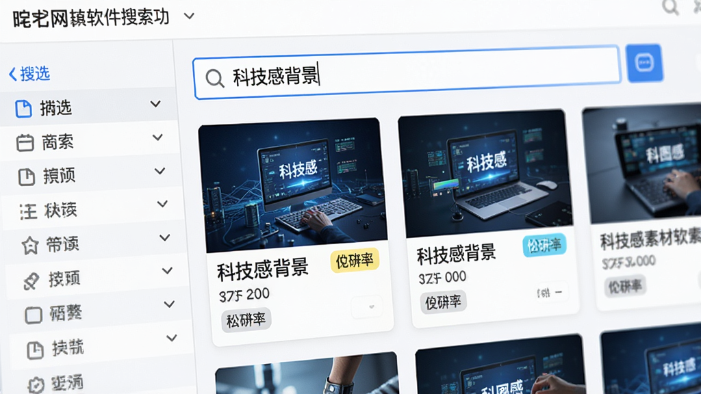 昵图网素材软件搜索功能界面特写,搜索框内输入“科技感背景”,下方展示出多条相关素材结果,界面采用卡片式布局,左侧为筛选条件栏,风格明亮清晰,细节呈现搜索结果缩略图与分辨率标签,画质锐利干净