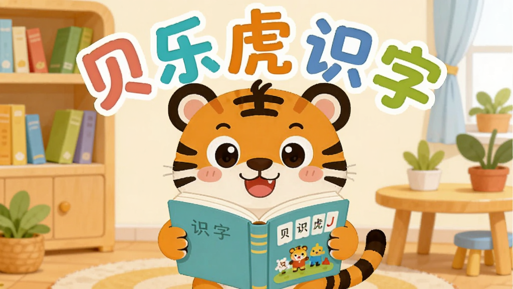 画面主体为一只可爱的卡通老虎形象,怀里抱着一本打开的识字书,周围漂浮着“贝乐虎识字”五个彩色艺术字,背景是温馨的儿童书房,有书架、小桌子、绿色植物,整体布局居中,采用扁平卡通插画风格,色彩明亮柔和,细节丰富,画质高清,干净无多余元素