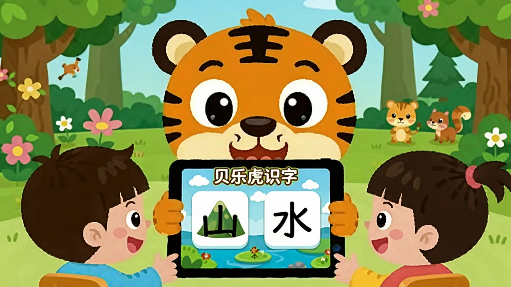 画面主体为贝乐虎卡通老虎和两个小朋友一起观看平板电脑上的识字动画,屏幕中显示“贝乐虎识字”字样和汉字“山”“水”,背景是森林教室,有树木、花朵、小动物,布局采用黄金分割构图,扁平卡通风格,色彩鲜艳明快,细节丰富,画质高清,干净无多余元素