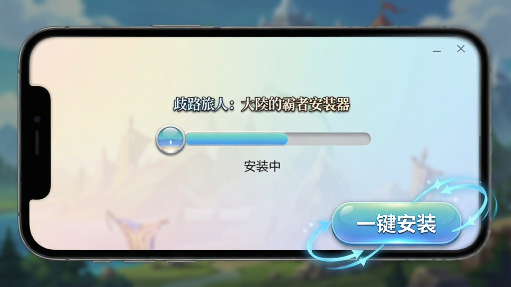 展示《歧路旅人:大的霸者安装器》的安装界面,手机屏幕上显示进度条与“安装中”字样,背景虚化处理突出主体。画面右下角有一个醒目的“一键安装”按钮,周围有流畅的线条动画示意数据流动。布局简洁明了,采用浅色渐变背景,风格扁平化,细节包括图标高光与阴影,画质干净清晰,无多余元素。